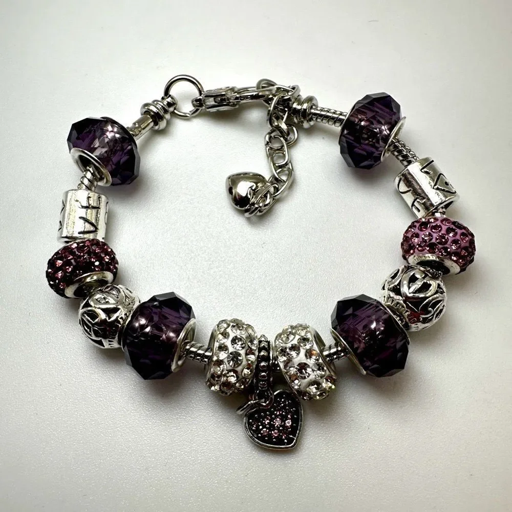 Pandora-style, silver tone purple glass,‎ pink/white rhinestone beaded bracelet!